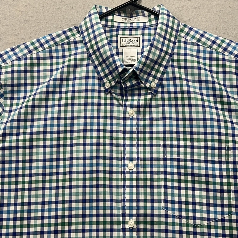 L.L. Bean Plaid Blue Green Short Sleeve Shirt Men's Large Wrinkle Free